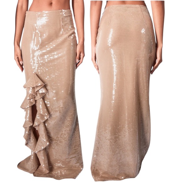 PrettyLittleThing Dresses & Skirts - PrettyLittleThing Nude Sequin Ruffle Detail Maxi Skirt CNI4635 Champagne 8 NEW